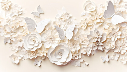 Fototapeta na wymiar White and beige Floral and Butterfly Background in Soft and Dreamy Style