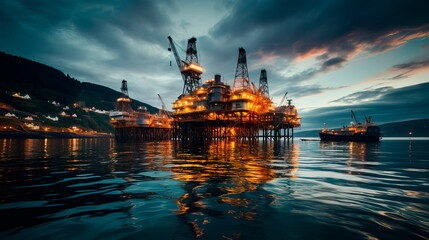 An offshore oil rig in the middle of the sea, with drilling platforms, pipelines, and support vessels involved in the extraction of fossil fuels. Generative AI