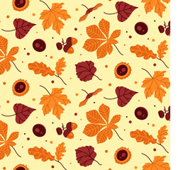 Seamless vector pattern of different autumn leaves, chestnut and acorn. Autumn background in warm colors for the design of greeting cards, gifts, banners, thanksgiving or halloween promotions