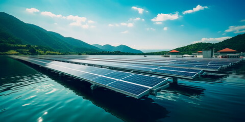 floating solar farm on a serene lake, harnessing solar energy while minimizing land use. Generative Ai - obrazy, fototapety, plakaty