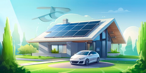 Modern eco private house with solar energy panels and smart home technology. Electric car near charging station. Renewable energy concept. Generative Ai