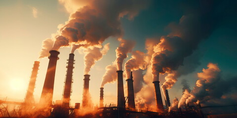 Industrial chimneys releasing steam and pollutants into the air. Generative Ai