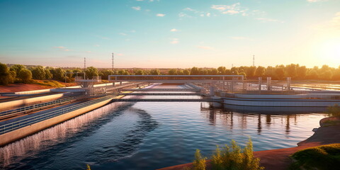 Industrial wastewater treatment plant purifying water before it is discharged. Generative Ai - obrazy, fototapety, plakaty