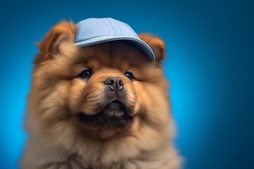 Lifestyle portrait photography of a cute chow chow dog wearing a visor against a soft blue background. With generative AI technology