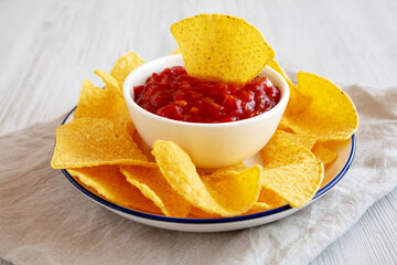 Homemade Salsa and Tortilla Chips on a Plate, side view.