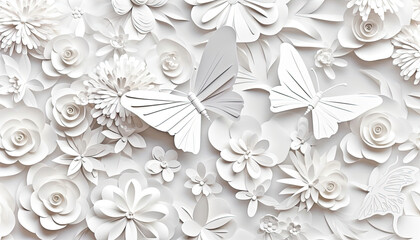 White Paper Flower and Butterfly Wall Decoration in Monochrome,floral background