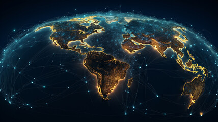 world map in the space, glowing dots, network and lines - obrazy, fototapety, plakaty