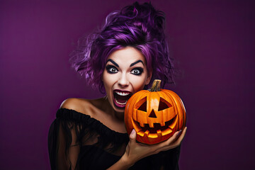 A Halloween holiday celebration with a pretty and cute witch donning a spooky costume and pumpkin hat.
