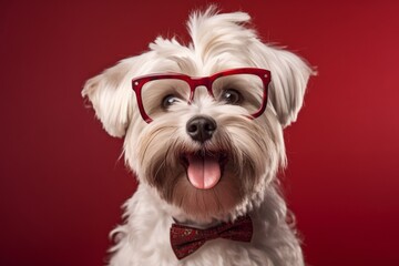 Lifestyle portrait photography of a smiling havanese dog wearing a hipster glasses against a rich maroon background. With generative AI technology