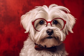 Lifestyle portrait photography of a smiling havanese dog wearing a hipster glasses against a rich maroon background. With generative AI technology