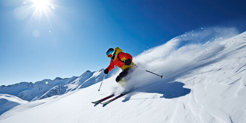 An action-packed winter skiing adventure as an adult skier races down a snowy mountain slope on a sunny day.