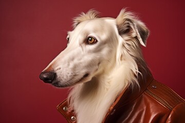Close-up portrait photography of a funny borzoi wearing a leather jacket against a rich maroon background. With generative AI technology