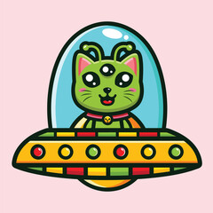Cute cat alien riding ufo