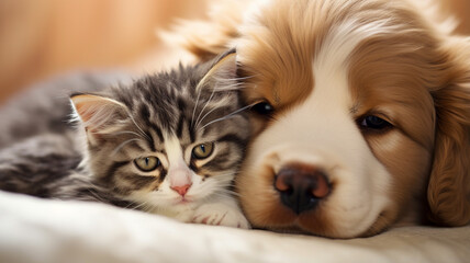 golden retriever puppy and kitten lying on sofa