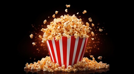 Red white popcorn bag with exploding popcorn in front of a dark background with popcorn scattered around. Movies, cinema, snacks, movie theater. Generative AI