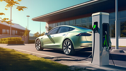 tesla electric car charging in the city.