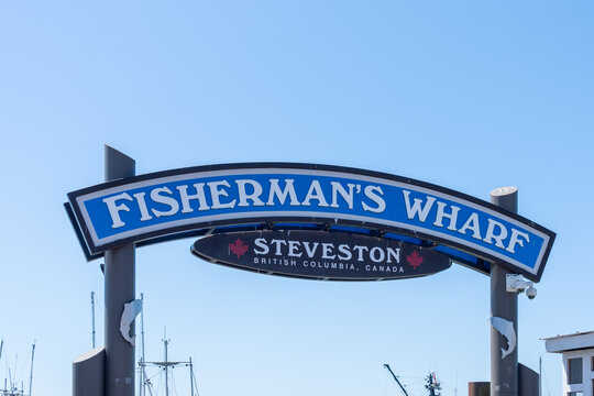 Steveston Fisherman's Wharf entrance in Richmond, BC, Canada - July 9, 2023. Steveston Fisherman's Wharf is a public floating seafood market. 