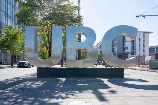 UBC ground sign in the campus of the University of British Columbia, Vancouver, BC, Canada - July 9, 2023. University of British Columbia is a public university in Vancouver, Canada.
