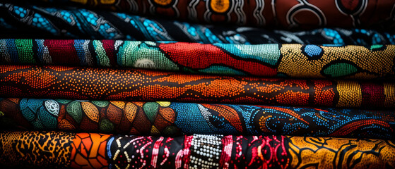 Afrykańskie ubrania - chitenge, kitenge. Orientalne wzory, zygzaki, kształty, kropki.  - obrazy, fototapety, plakaty