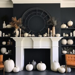 On halloween night, a cozy room is illuminated by the warm glow of the fireplace and decorated with white pumpkins, candles, and other seasonal decorations, giving the space an inviting ambiance