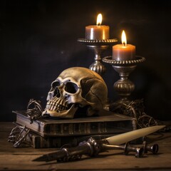 On a cold and eerie halloween night, a skull perched atop an ancient book illuminated by a circle of flickering candles creates a spooky atmosphere outdoors