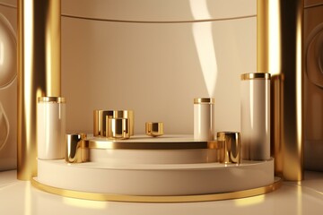 Opulent gold podium with products displayed or empty featuring a cylindrical banner. Sophisticated scene for presenting products. Generative AI