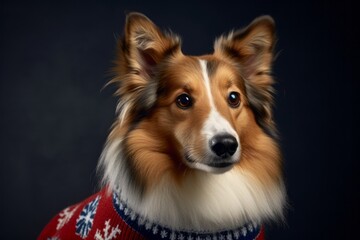 Lifestyle portrait photography of a funny shetland sheepdog wearing a festive sweater against a dark grey background. With generative AI technology