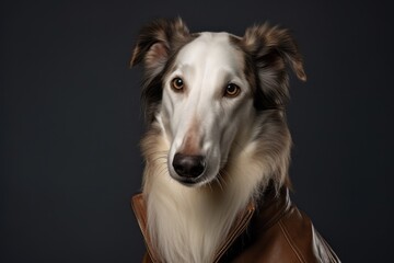 Medium shot portrait photography of a bored borzoi wearing a leather jacket against a dark grey background. With generative AI technology
