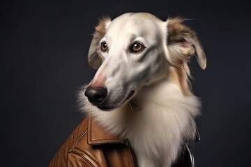 Medium shot portrait photography of a bored borzoi wearing a leather jacket against a dark grey background. With generative AI technology