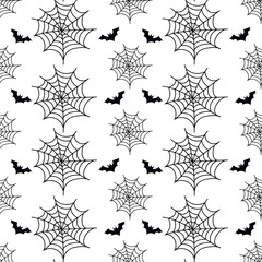 Seamless pattern ornament celebrate Halloween wallpaper doodle style. Hand drawn spider web and bat silhouette. Design greeting card, invitation, party, wrapping paper, simple backgrounds. Vector 