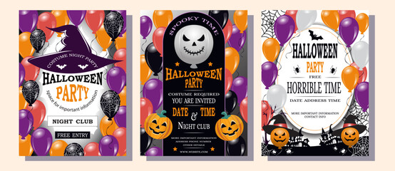 Happy Halloween party poster or flyer set. Drawing placards with evil pumpkin, spider web and balloons. Invitation cover template. October 31 holiday evening promotional artwork. Vector illustration 