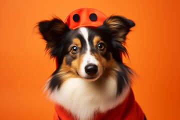 Close-up portrait photography of a funny shetland sheepdog wearing a ladybug costume against a tangerine orange background. With generative AI technology