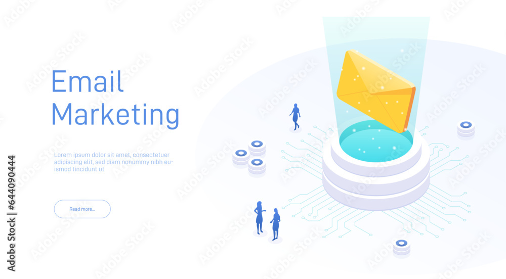 Poster isometric email services concept. data analysis, checking email. computer monitor 3d isometric desig
