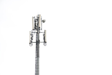 Telecommunication towers include of radio microwave and television antenna system with cloud blue...