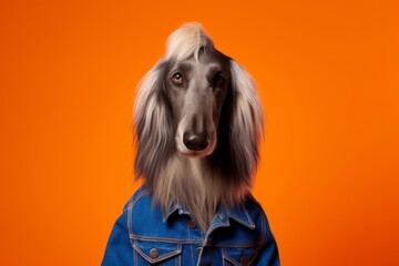 Group portrait photography of a curious afghan hound dog wearing a denim vest against a tangerine orange background. With generative AI technology