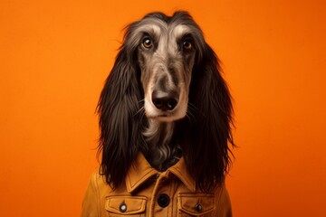 Group portrait photography of a curious afghan hound dog wearing a denim vest against a tangerine orange background. With generative AI technology