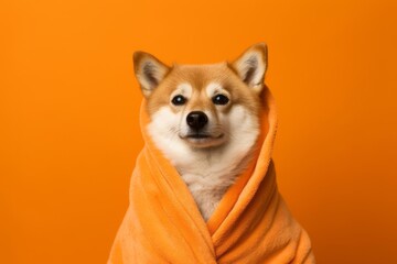 Medium shot portrait photography of a funny finnish spitz wearing a plush robe against a tangerine orange background. With generative AI technology