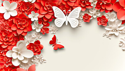 Red and White Paper Flowers and Butterflies on a Cheerful Background