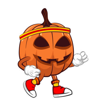 Vector mascot, cartoon and illustration of a halloween pumpkin is running jogging