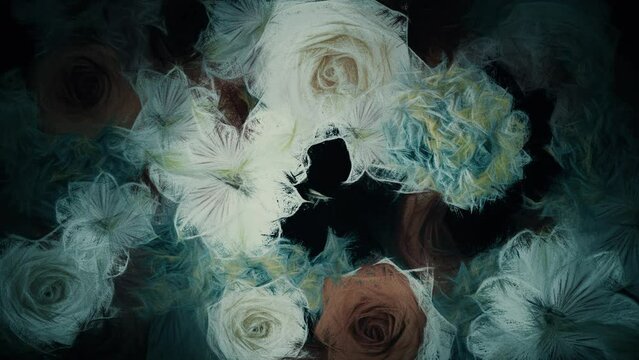 Abstract floral motion background animation in the style of a dark decadent watercolor painting. Flowers include alstroemeria, carnation, chrysanthemum, daisy, gerbera, gladiola, hydrangea and rose.