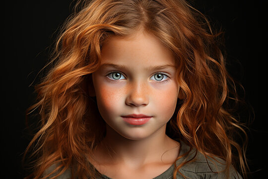 Studio portrait of cutle little curly ginger girl on different colours background