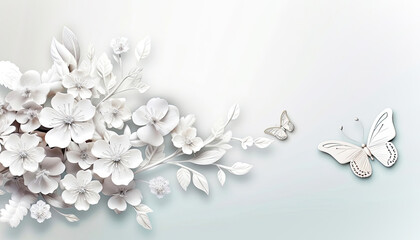 Paper Cut Flowers With Butterflies On White Background,White Floral and Butterfly Pattern in 3D
