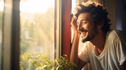 明るく美しいボケのある、朝陽を浴びて輝く笑顔の若い男性