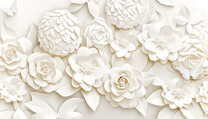 Obraz na płótnie Canvas Paper Cut Flowers With Butterflies On White Background,White Floral and Butterfly Pattern in 3D 