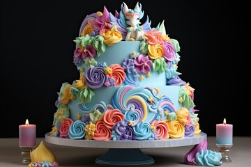 Birthday cake with colorful buttercream flowers on a black background, whimsical unicorn cake