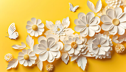 White Paper Cutout Flower With Butterfly On Yellow Background,Whimsical Dance of Butterflies and Blooms,flowers background