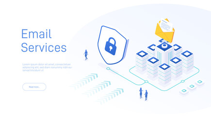 Email service security concept. Creative vector isometric illustration. Electronic mail message as part of business marketing. Webmail or mobile service layout for website landing page.
