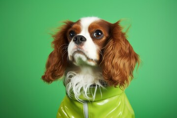 Naklejka premium Medium shot portrait photography of a funny cavalier king charles spaniel dog wearing a paw protector against a pastel green background. With generative AI technology