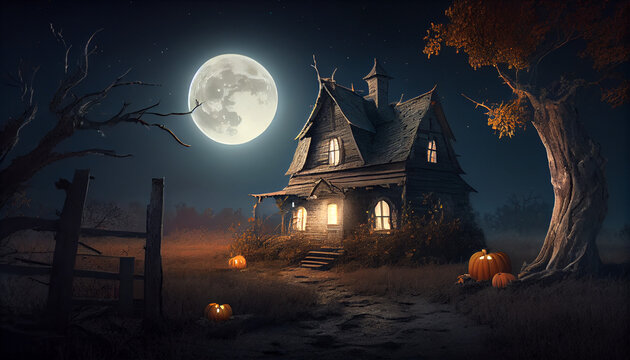 Haunted house, pumpkin patch at night by full moon light, Ai generated image
