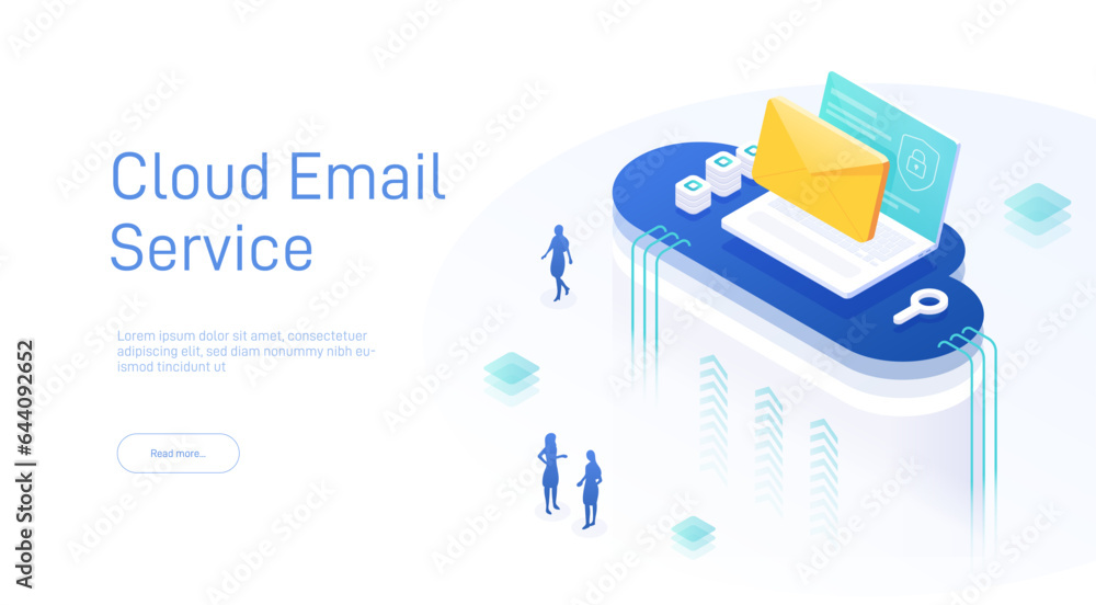 Poster cloud email service concept. online message service. cloud server hosting for email. creative isomet